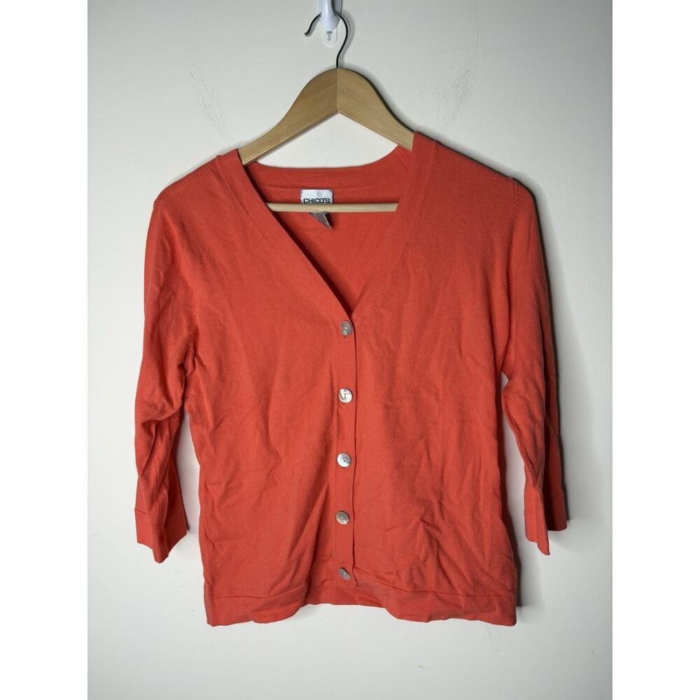 Chicos Cardigan Sweater Women Sz 1 US M Pink Buttons Mother Pearl 3/4 Sleeve VTG